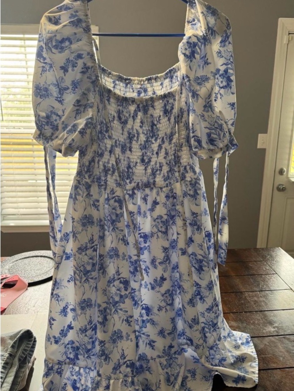 White and Blue Floral Smocked women’s dress